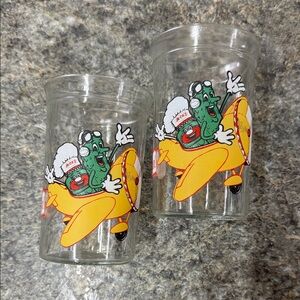 Vintage Bick’s Dill Pickle BBQ Fun Airplane Tumblers Glasses Set of 2